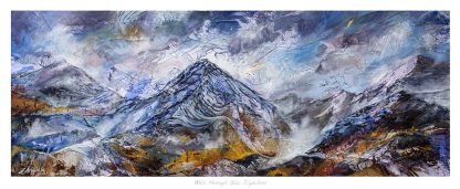 An abstract textured painting depicting a vibrant and dynamic mountainous landscape with a mix of cool and warm tones. By Julie Arbuckle