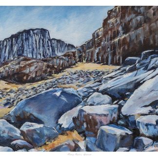 A painting of a rocky terrain with cliffs in the background under a blue sky. By Julie Arbuckle