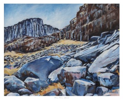 A painting of a rocky terrain with cliffs in the background under a blue sky. By Julie Arbuckle
