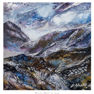 A vibrant painting depicting a rugged and snowy mountain landscape with dynamic brushstrokes and textures. By Julie Arbuckle