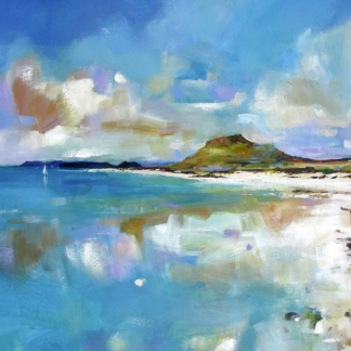 An impressionistic painting of a tranquil beach scene with a hill in the background under a blue sky.