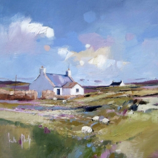 A vibrant painting featuring a rural landscape with a house, sheep, and scattered clouds in the sky.