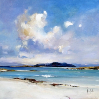 An impressionistic painting of a serene coastal landscape with vibrant blue water, sandy shore, and expressive cloudy skies.