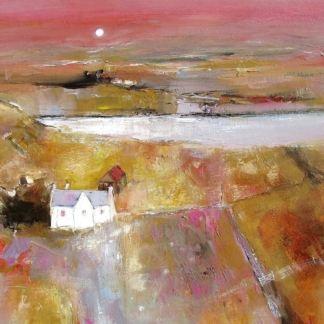 An abstract painting featuring a house amidst colorful, textured strokes possibly representing a landscape with a moon in the sky.