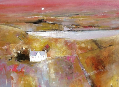 An abstract painting featuring a house amidst colorful, textured strokes possibly representing a landscape with a moon in the sky.