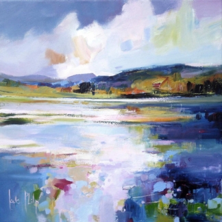 The image is a colorful abstract landscape painting with vivid brushstrokes depicting a serene lakeside scene with a backdrop of hills.