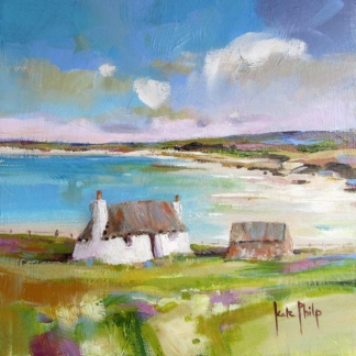 A vibrant impressionist-style painting featuring a coastal landscape with quaint cottages.