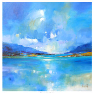 A vibrant abstract painting with shades of blue and yellow depicting a reflection on water. By Kate Philp