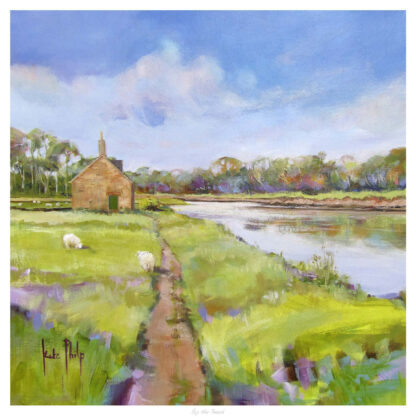 The image depicts a pastoral landscape painting with a cottage, a path, sheep, trees, and a river under a clear sky. By Kate Philp