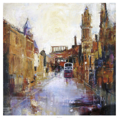 An impressionistic painting depicting a vibrant street scene with buildings, vehicles, and reflections on a wet road. By Kate Philp