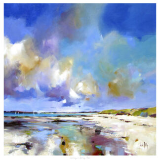 The image is a colorful, abstract painting of a beach scene with vivid blue skies and reflective water at low tide. By Kate Philp