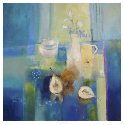 An impressionistic painting featuring a still life with a vase, pears, a jug, and a small blue-patterned object on a table with a multicolored background. By Kate Philp