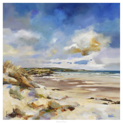 A vibrant, impressionistic painting of a coastal landscape with dynamic brushstrokes representing the sea, sky, and rocky shore. By Kate Philp