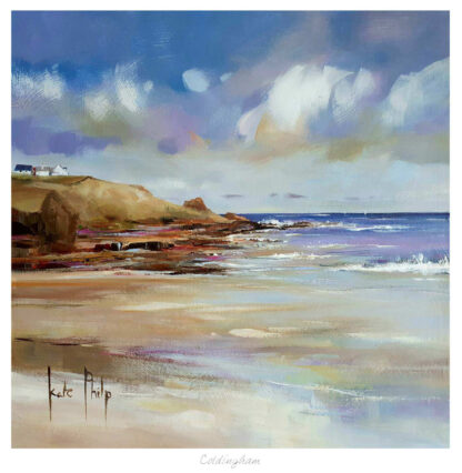 An impressionistic painting of a coastal landscape with a dynamic sky, rough sea, and a beach, signed by Kate Philp.