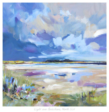 A vibrant painting depicting a bright, cloud-filled sky above a tranquil landscape with reflective water and scattered florals in the foreground. By Kate Philp