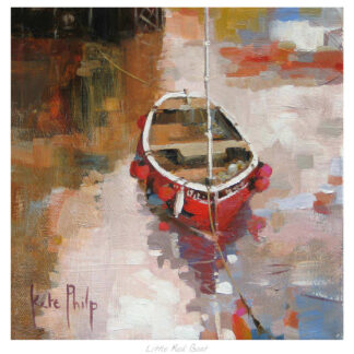 A painting of a little red boat moored in water, reflecting light, with abstract brushwork. By Kate Philp