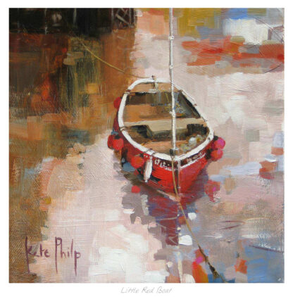 A painting of a little red boat moored in water, reflecting light, with abstract brushwork. By Kate Philp