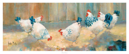 A colorful painting depicting a group of chickens with an abstract background. By Kate Philp