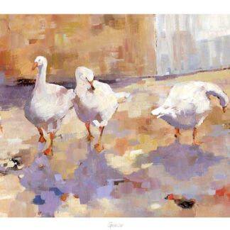 A painting of five white geese in varied stances on a colorfully abstracted ground, with subtle hints of a building in the background. By Kate Philp