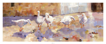 A painting of five white geese in varied stances on a colorfully abstracted ground, with subtle hints of a building in the background. By Kate Philp