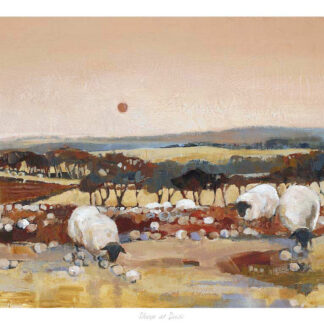 The image displays a pastoral painting of sheep grazing in a field with trees in the background and a setting sun or moon. By Kate Philp