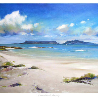 A painting of a serene beach with blue skies, fluffy clouds, and a distant landmass on the horizon. By Kate Philp