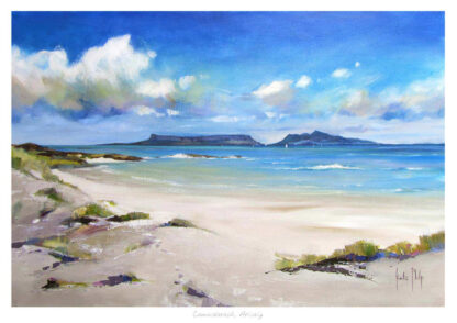 A painting of a serene beach with blue skies, fluffy clouds, and a distant landmass on the horizon. By Kate Philp