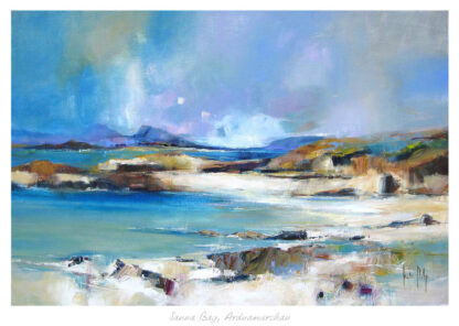 A vibrant painting depicting a coastal landscape with blue skies, water, and rocky shores, signed by the artist. By Kate Philp