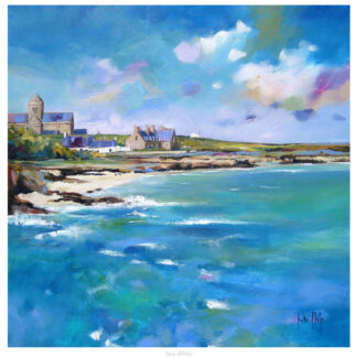 A vibrant painting of a coastal landscape featuring a village with a prominent tower, under a dynamic, cloudy sky. By Kate Philp