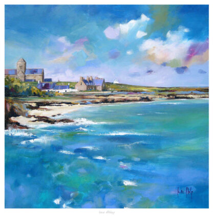 A vibrant painting of a coastal landscape featuring a village with a prominent tower, under a dynamic, cloudy sky. By Kate Philp