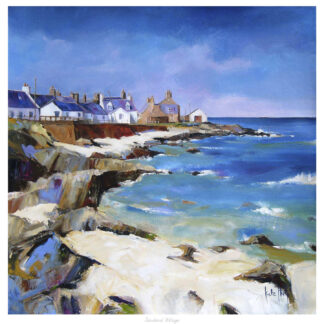 A colorful painting of a coastal village with a rocky shore leading to blue water under a vibrant sky. By Kate Philp