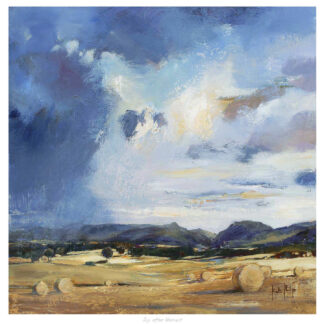 The image depicts an impressionist-style landscape painting with hay bales, fields, and distant hills beneath a cloudy sky. By Kate Philp