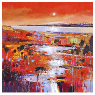 A vibrant abstract painting with prominent red and orange hues depicting a scenic coastal landscape under a sunlit sky. By Kate Philp