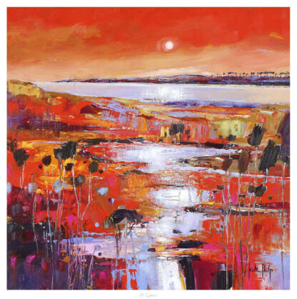 A vibrant abstract painting with prominent red and orange hues depicting a scenic coastal landscape under a sunlit sky. By Kate Philp