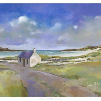 A painting of a solitary cottage by the seaside with a road leading to it under a cloudy sky. By Kate Philp