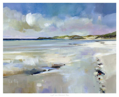 A painting depicting a serene beachscape with clouds reflecting on wet sand and a hint of greenery in the distance. By Kate Philp