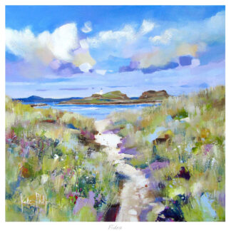 A vibrant painting depicting a scenic pathway leading through a colorful meadow towards a blue water body under a cloudy sky. By Kate Philp