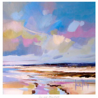 The image displays a colorful abstract painting, possibly of a beach scene with a vivid sky and reflections on water, signed by the artist. By Kate Philp
