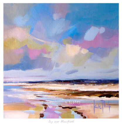 The image displays a colorful abstract painting, possibly of a beach scene with a vivid sky and reflections on water, signed by the artist. By Kate Philp