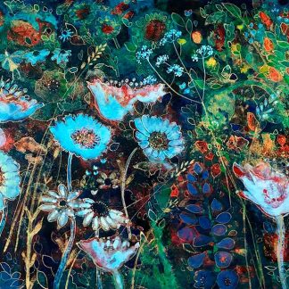 Abstract floral painting with vibrant blues, reds, and greens depicting an array of flowers amidst a dark background. By Keli Clark