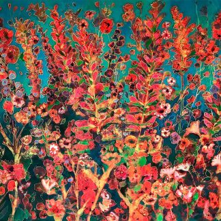 It's a colorful painting of vibrant red and orange flowers with green foliage on a turquoise background. By Keli Clark