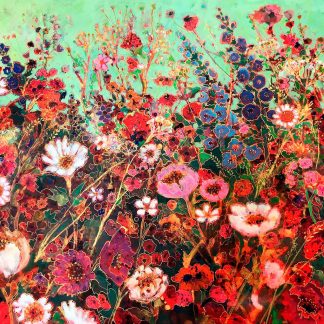 The image depicts a vibrant, colorful painting of a field of flowers with various hues of red, blue, and green. By Keli Clark