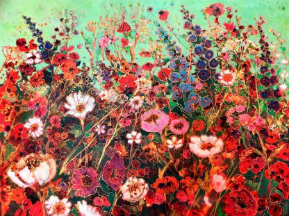 The image depicts a vibrant, colorful painting of a field of flowers with various hues of red, blue, and green. By Keli Clark