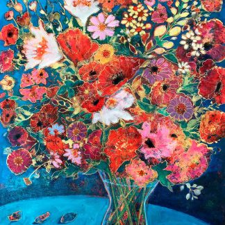 A vibrant painting of a bouquet of assorted flowers in a vase against a blue backdrop. By Keli Clark