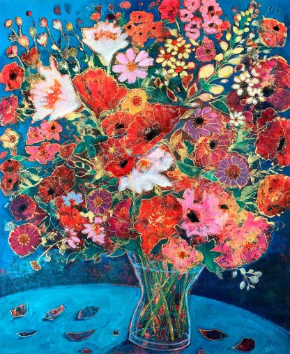 A vibrant painting of a bouquet of assorted flowers in a vase against a blue backdrop. By Keli Clark