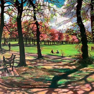 A vibrant park scene with people, blossoming trees, and scattered shadows cast by the bright sunlight filtering through the foliage. By Keli Clark