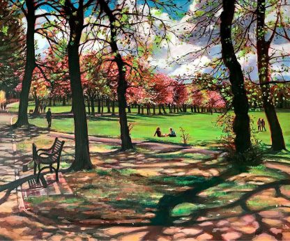 A vibrant park scene with people, blossoming trees, and scattered shadows cast by the bright sunlight filtering through the foliage. By Keli Clark