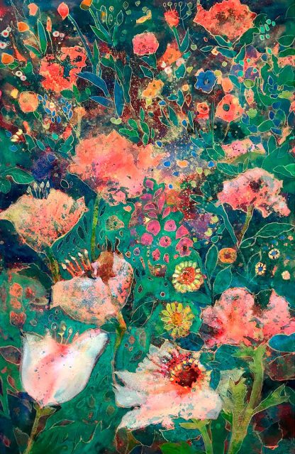 The image displays a vibrant abstract painting with a floral motif, rich in hues of green, pink, and blue. By Keli Clark
