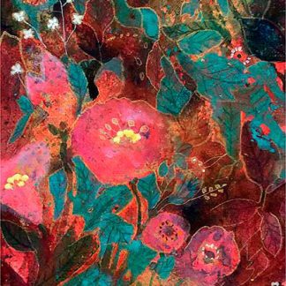 A vibrant, abstract painting with red and pink floral patterns and green foliage accents on a dark background. By Keli Clark