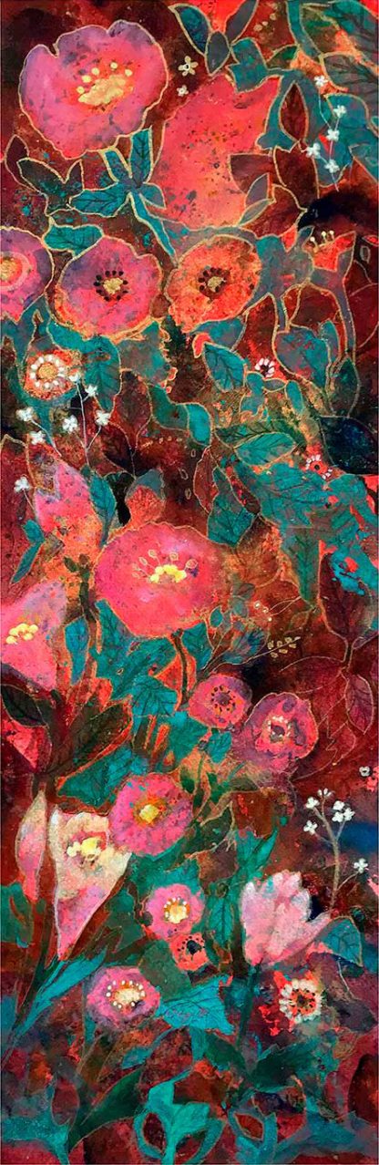 A vibrant, abstract painting with red and pink floral patterns and green foliage accents on a dark background. By Keli Clark